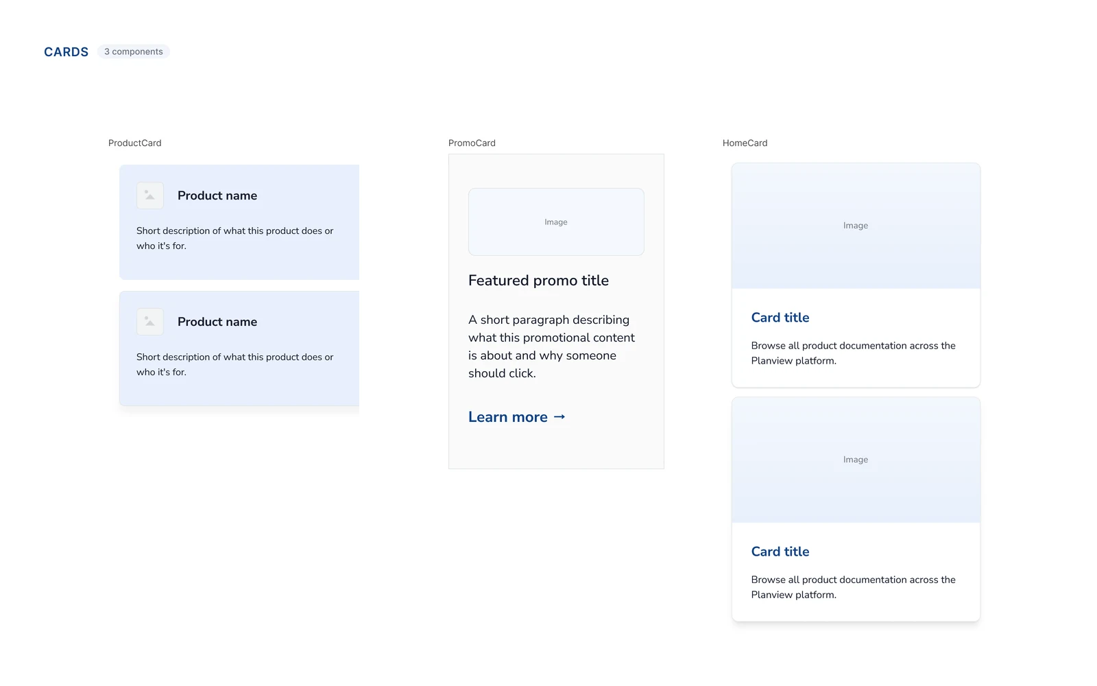 Cards — ProductCard, PromoCard, and HomeCard components