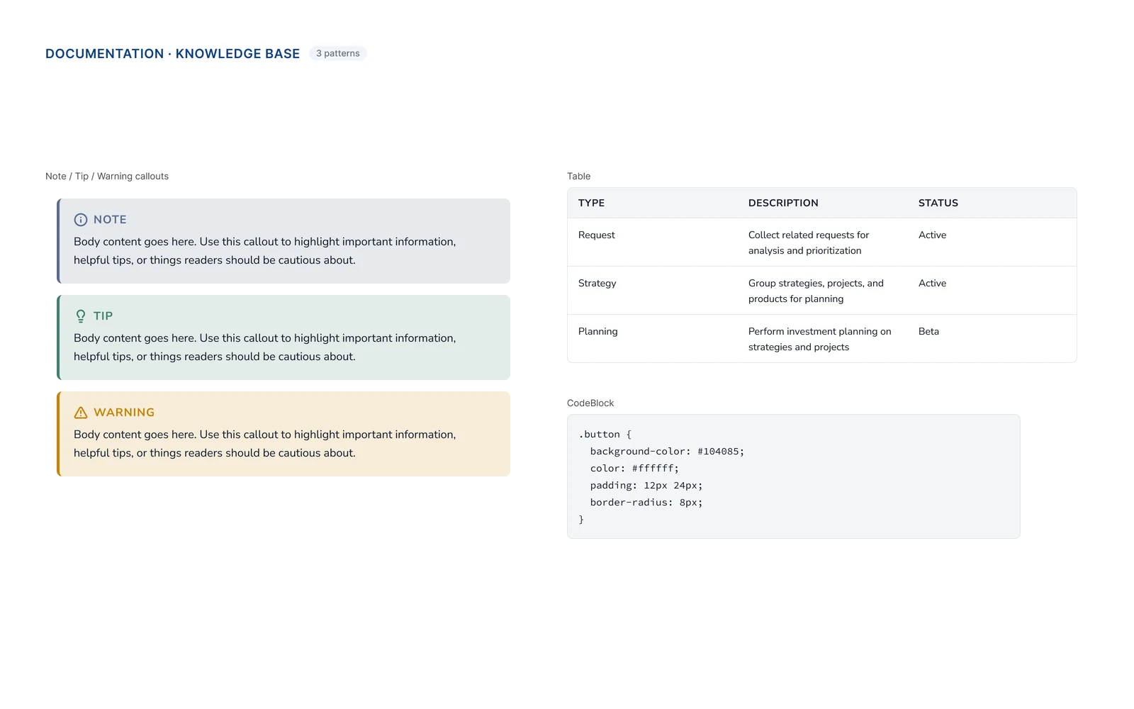 Documentation patterns (knowledge base) — Note/Tip/Warning callouts, a data table, and a code block