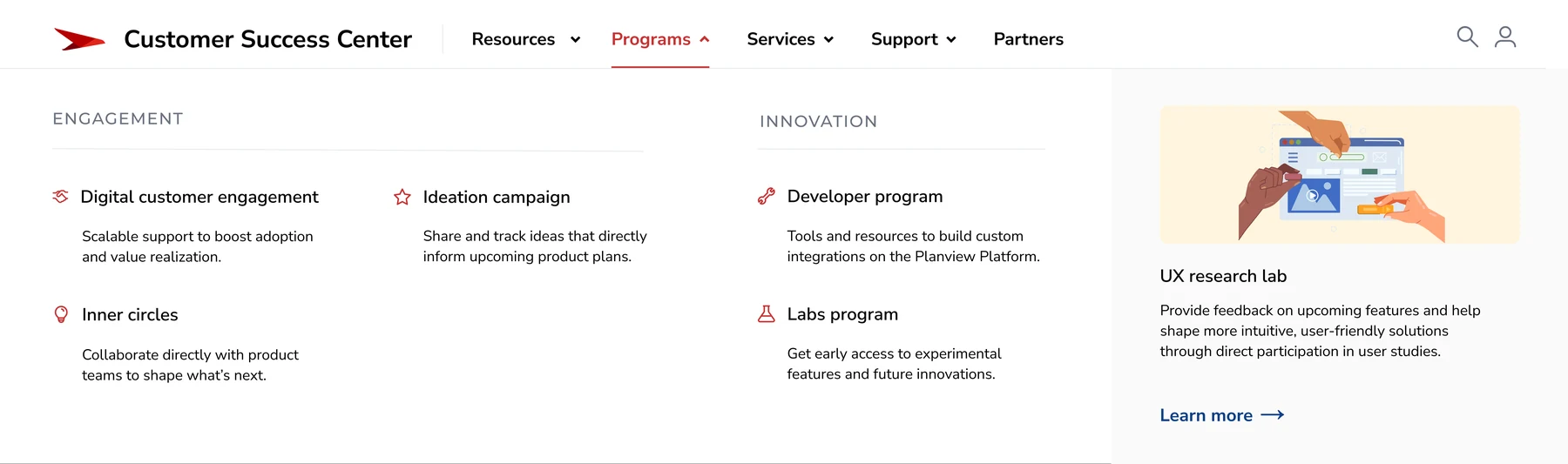 Programs menu — Engagement and Innovation groupings with UX research lab promo