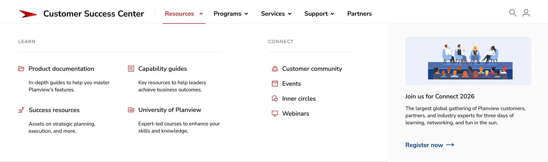 Resources menu — Learn and Connect groupings with featured Connect 2026 promo