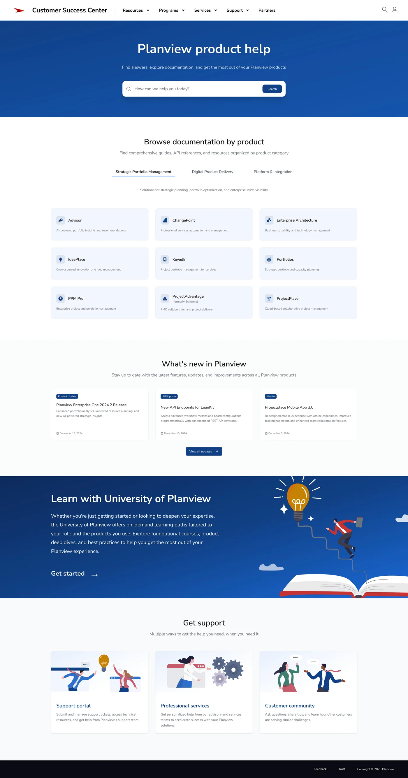 Planview product help landing page — search, browse documentation by product, what's new, University of Planview, and support pathways