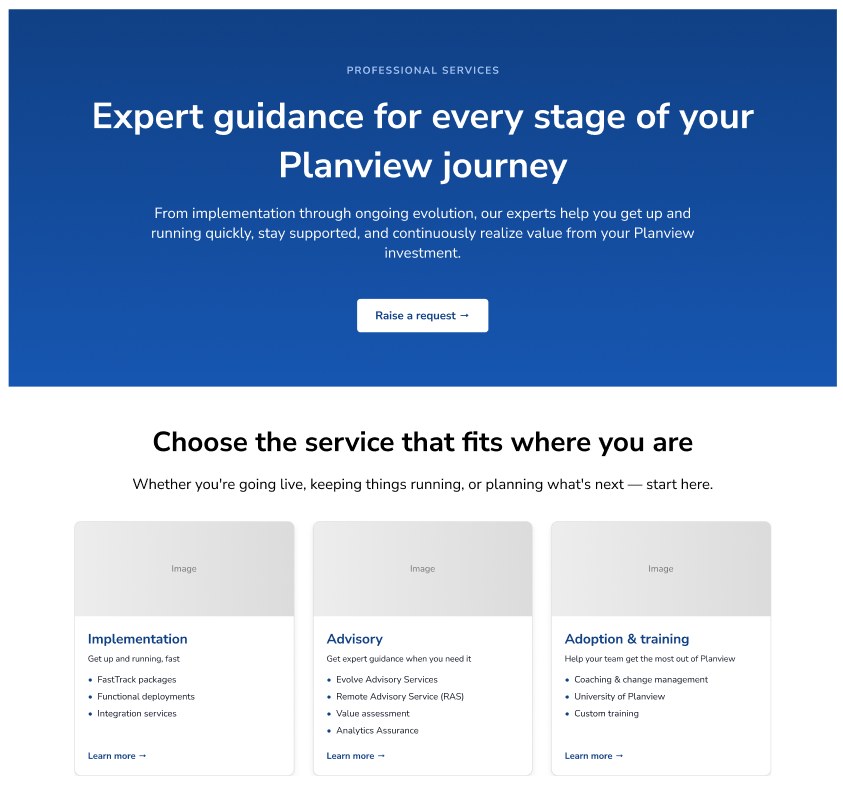 Redesigned Professional Services landing page