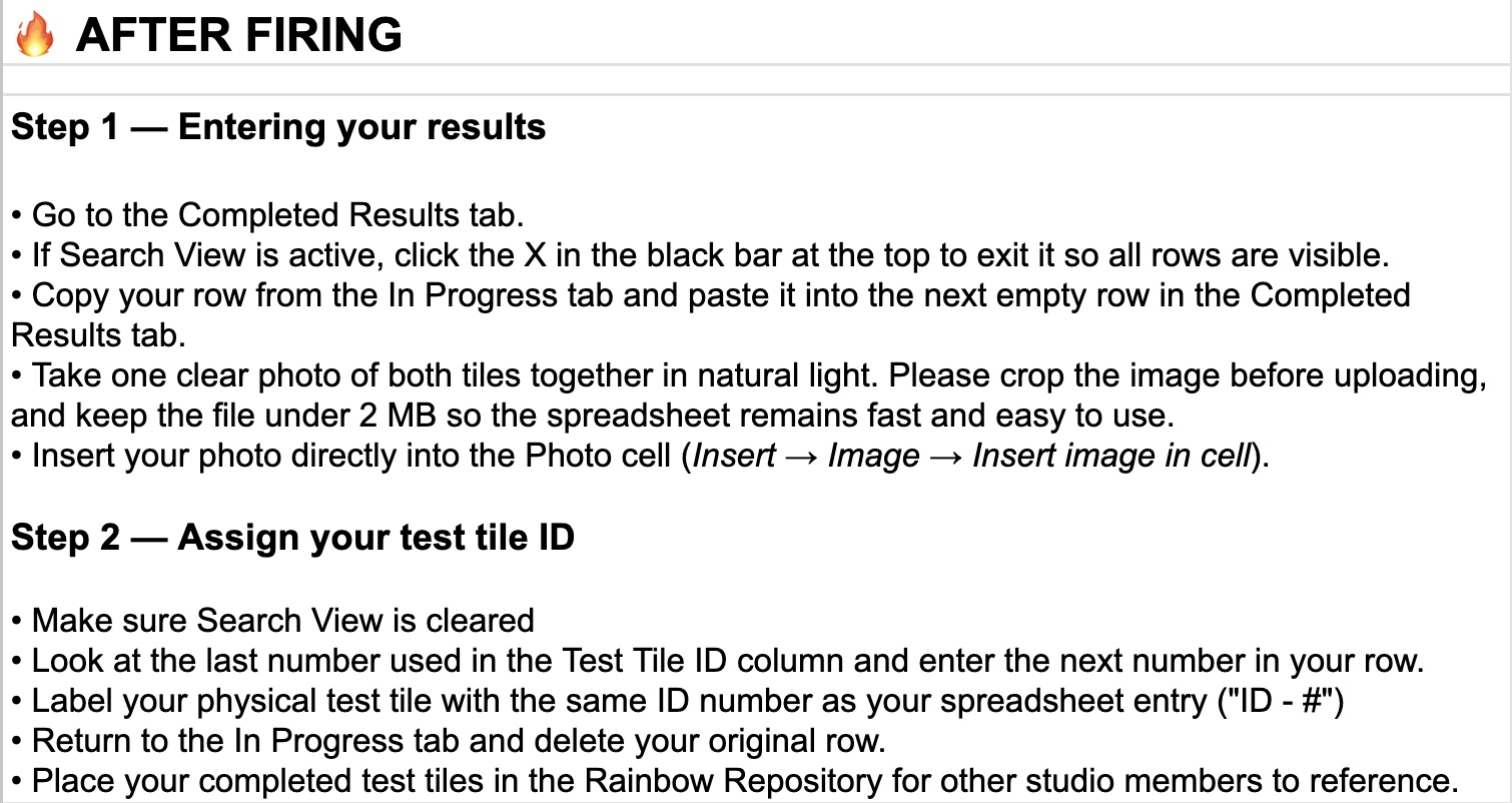 After Firing instructions: entering results and assigning a test tile ID