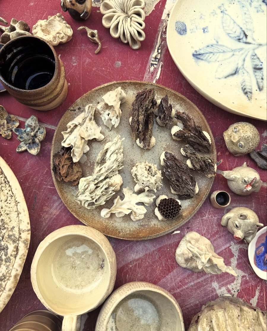 Studio flat lay of ceramic works