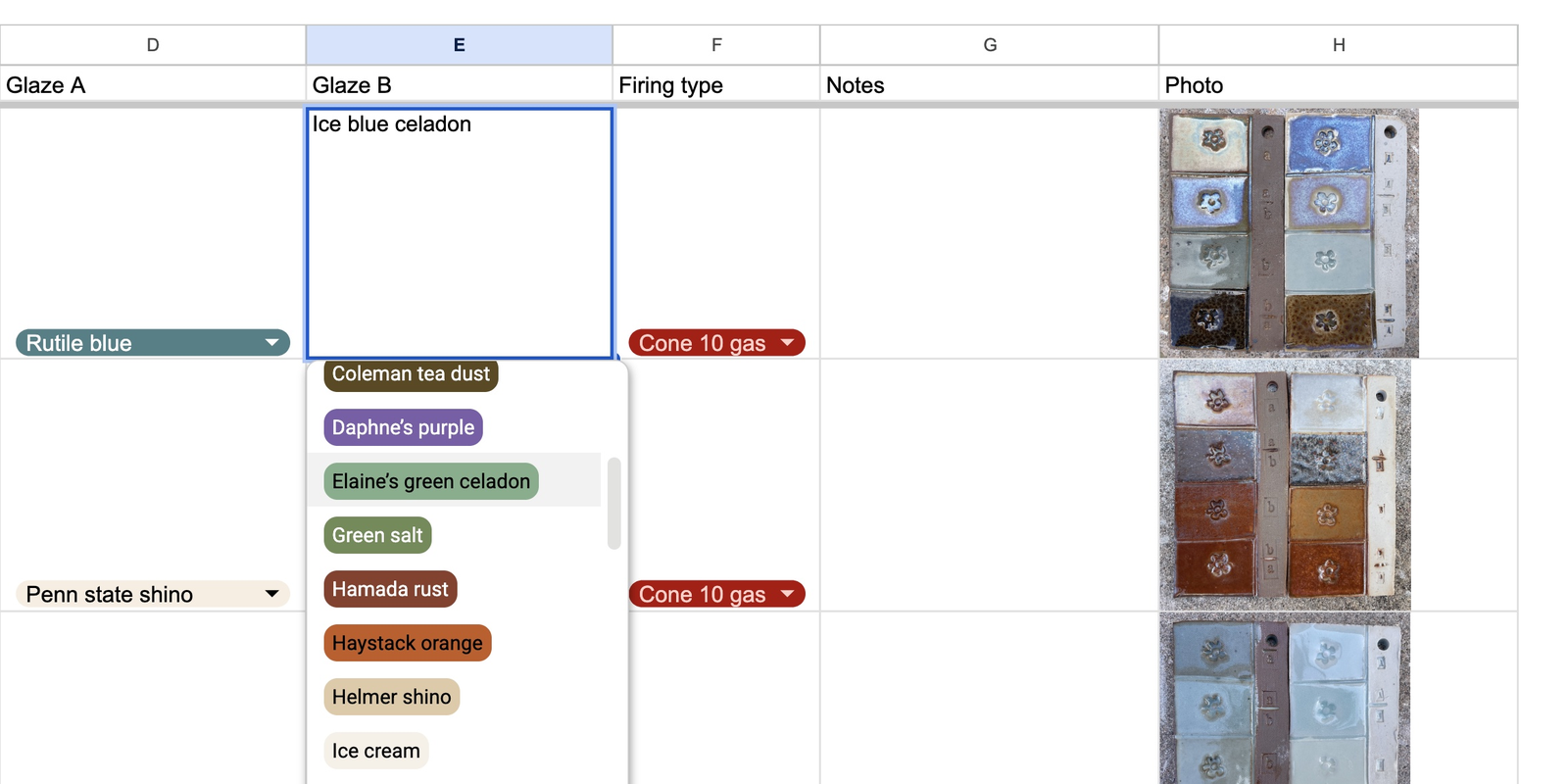 Glaze log spreadsheet with a controlled-vocabulary dropdown open for selecting a glaze